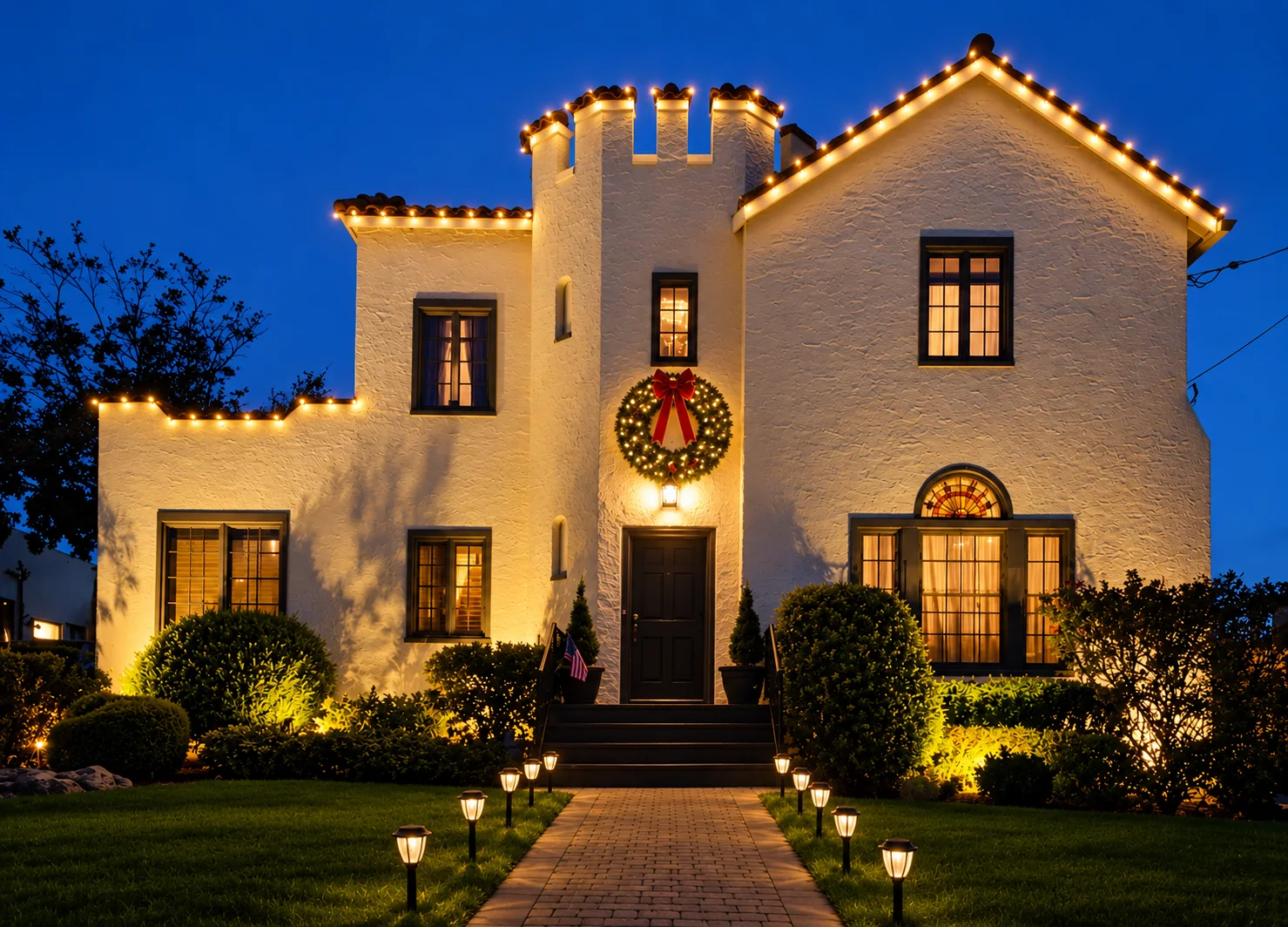 Larger property highlighted with warm-white architectural lighting