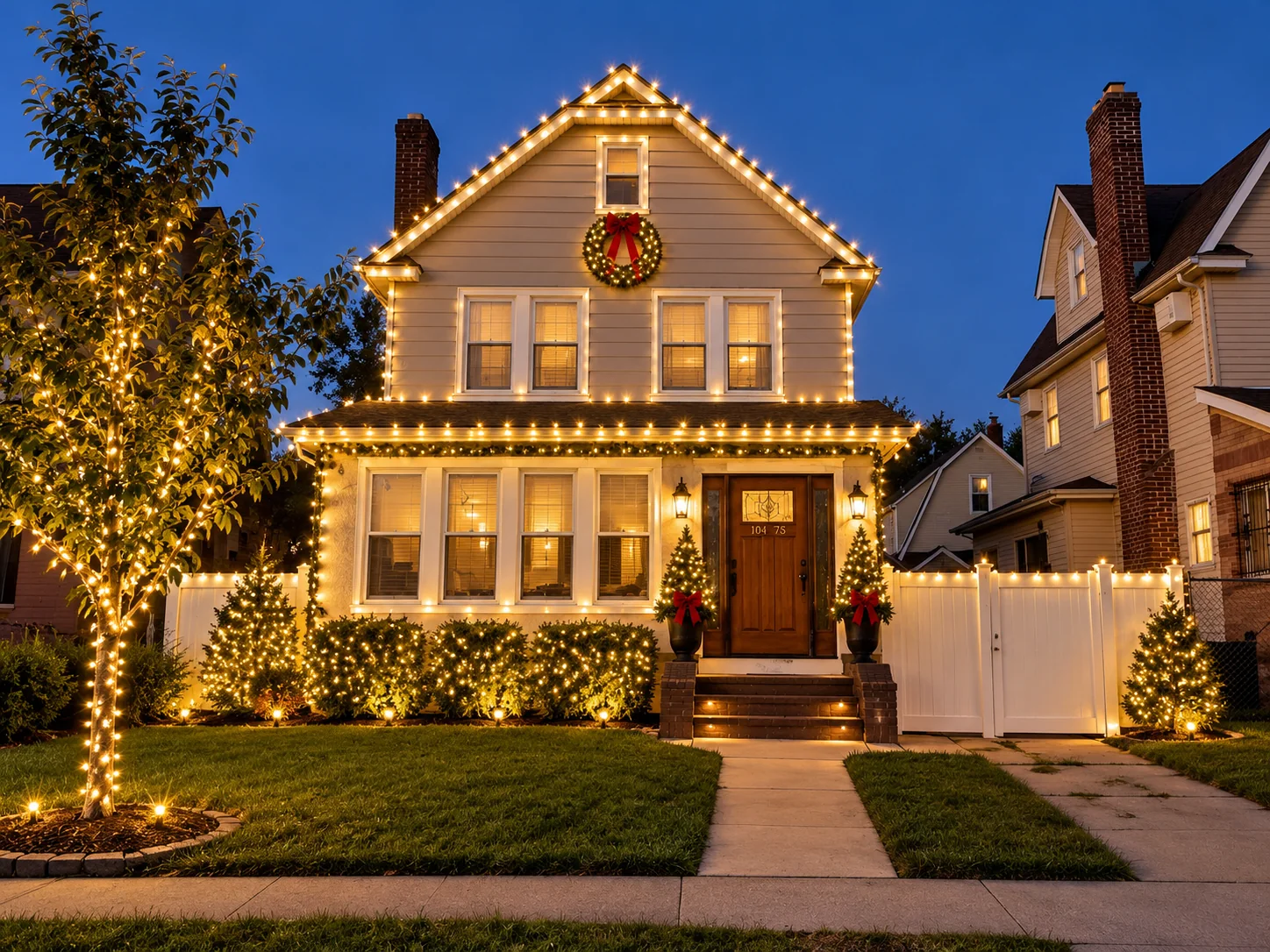 Residential home illuminated with holiday lights
